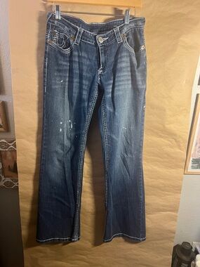 True Religion Dark Blue Bootcut Jeans with Paint-Splatter Detail